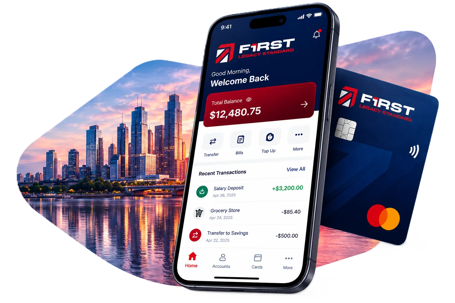 Phone app + card mockup